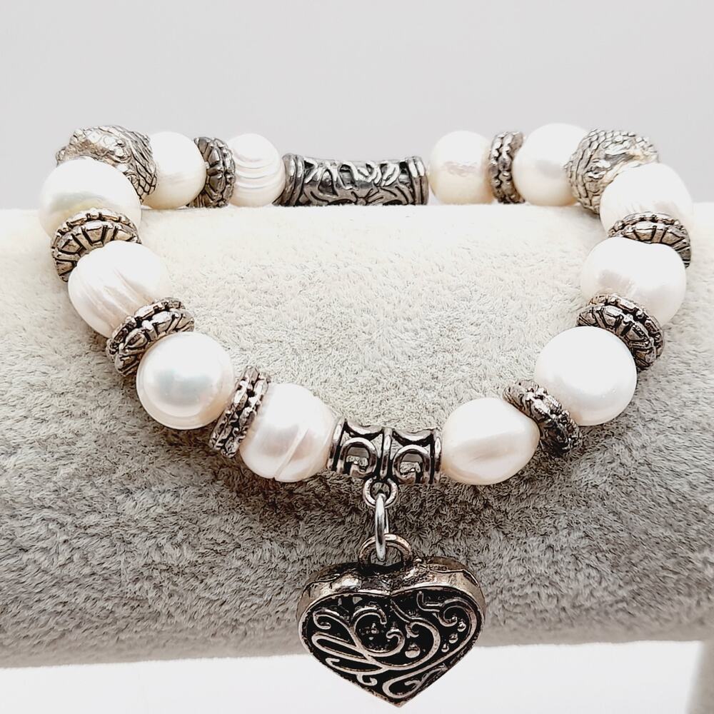 Freshwater Pearls Silver Tone Heart Beads Stretch Bracelet - 7 1/2"